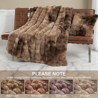 Faux Fur Full Size Heated Blanket 72"X84" - Bubble Faux Fur Electric Blanket Fluffy Soft Fuzzy with 6 Fast Heating Levels & 10 hrs Timer Settings, Washable & ETL Certified for Bed, Tie-Dye Brown