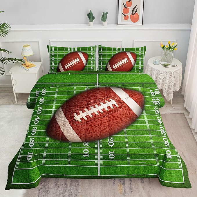Kids Comforter Set Football Theme Printed Pattern Bedding Set with 1 Comforter and 2 Pillowcases for Girls Boys Bedroom All Season(B-Football Theme01 Full)