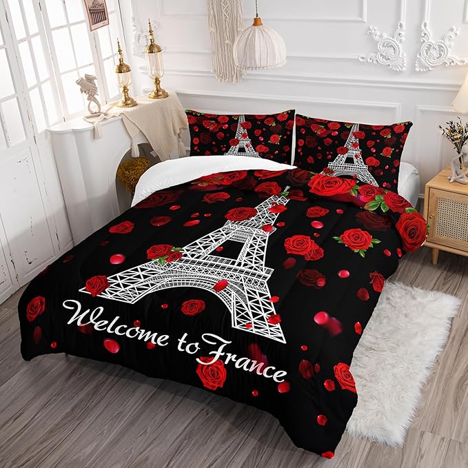 Eiffel Tower Comforter Set Full Size Girls Red Rose Paris Bedding Set Romantic Theme Decor Adult Women Couple Quilted Bed Set with 1 Comforter and 2 Pillowcases