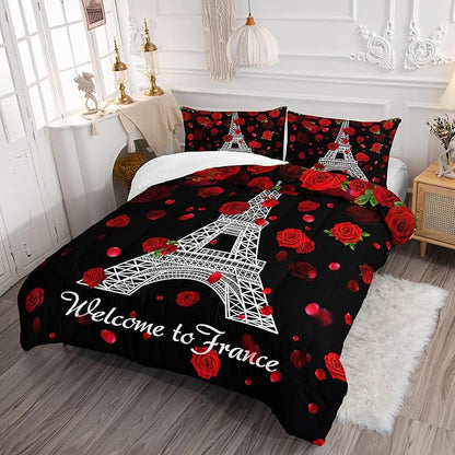 Eiffel Tower Comforter Set Twin Size Girls Red Rose Paris Bedding Set Romantic Theme Decor Adult Women Couple Quilted Bed Set with 1 Comforter and 2 Pillowcases