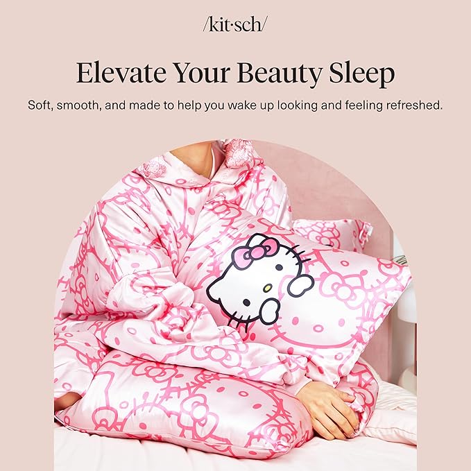 Kitsch x Hello Kitty Pillow Case – Pink Kitty Faces Toddler Bed Time Satin Pillowcase with Zipper – Soft Cooling Pillow Cover for Hair & Skin – Better Than Silk Pillowcase – Queen/Standard 19x26