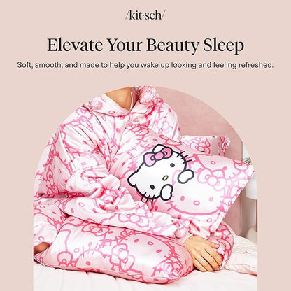 Kitsch x Hello Kitty Pillow Case – Pink Kitty Faces Toddler Bed Time Satin Pillowcase with Zipper – Soft Cooling Pillow Cover for Hair & Skin – Better Than Silk Pillowcase – Queen/Standard 19x26