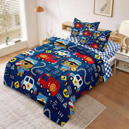 Kids Cop Car Comforter Set for Little Boys, Fire Truck Police Car Bedding Set, City Traffic Bedding Collection Include (1 Comforter, 2 Pillowcases, 1 Fitted Sheet, 1 Flat Sheet), Blue