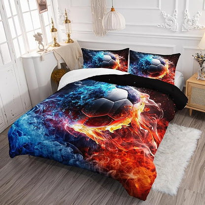 Soccer Print Themed Comforter 3Pcs Twin Gaming Sport Soccer Bedding Set for Kid Teen Girl Boy Adult Balls Sports Games Ice and Fire Football Quilt Room Decor with 1 Comforter and 2 Pillowcases