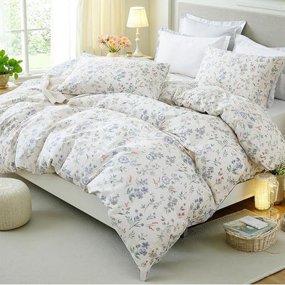 Floral Duvet Cover Set King Size 100% Cotton Green Floral Comforter Cover 3 Pcs Lightweight Soft Aesthetic Floral Bedding Sets