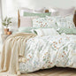 Floral Duvet Cover Full Size Green Flower Bedding Set with Colorful 3Pcs Botanical Garden Aesthetic Leaves Comforter Cover with Zipper Closure & Corner Ties