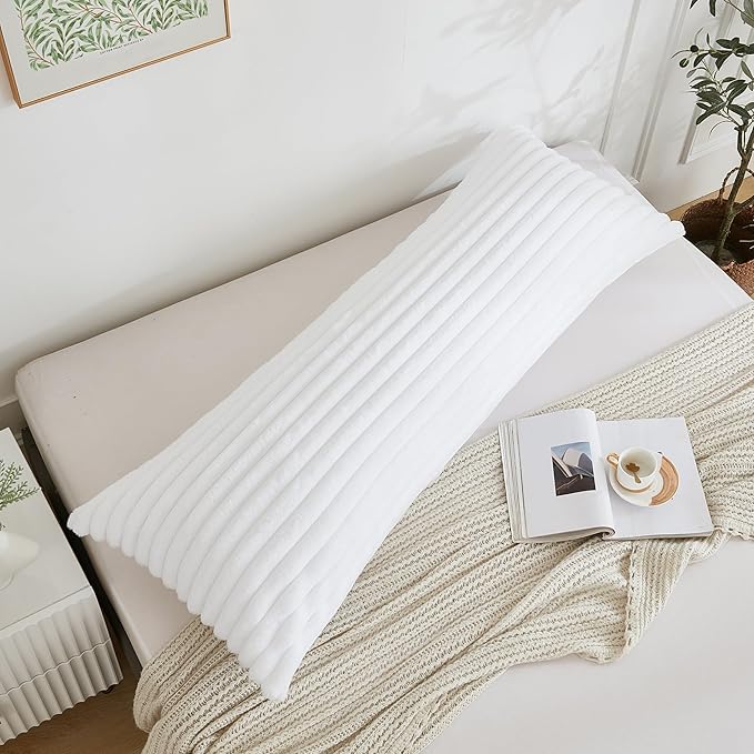 Full Body Pillow with Fluffy Stripe Faux Fur Removable Cover, Long Bed Pillow Adult 20x54 Inches for Side Sleeper and Pregnancy, White.