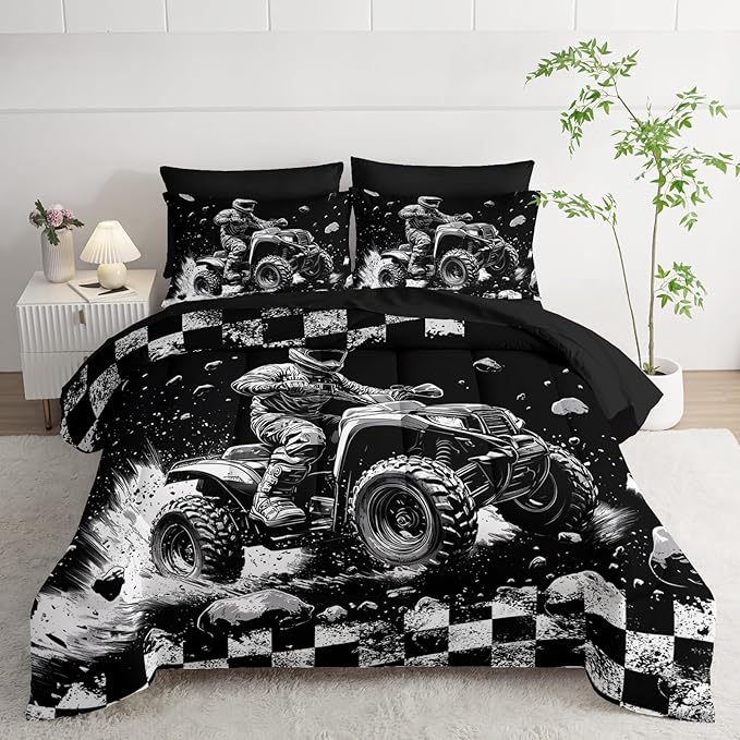 Motocross Racing Car Racer Comforter 7Pcs Racing Speed Sports Truck Bedding Set for Kid Teen Boy Girl Adult Extreme Sports Quilt Bed Set Queen with 2 Sheets,2 Pillowcases,2 Throw Pillow Covers