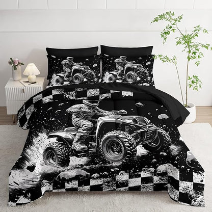 Motocross Racing Car Racer Comforter 7Pcs Racing Speed Sports Truck Bedding Set for Kid Teen Boy Girl Adult Extreme Sports Quilt Bed Set Queen with 2 Sheets,2 Pillowcases,2 Throw Pillow Covers