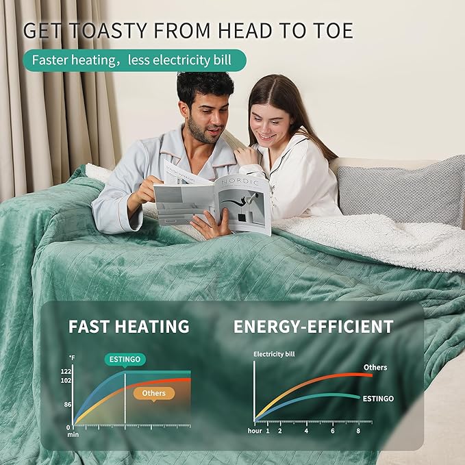 ESTINGO Electric Blanket Queen, Dual Control Heated Electric Blanket Queen Size, Machine Washable Plush Heated Blanket with Timer 5 Heating Levels &10 Hours Auto Off, 84" x 90", Forest Green