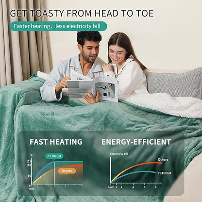 ESTINGO Electric Blanket King, Dual Control Heated Electric Blanket King Size, Machine Washable Plush Heated Blanket 5 Heating Levels & 10 Hours Auto Off, 100" x 90", Forest Green