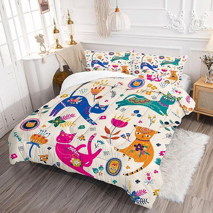 Cat Comforter Set Twin: Cute Floral Cats Twin Bedding Sets for Girls Kids Teens Toddler Cartoon Flowers Kawaii Animals Print Quilt Duvet Bed Set with 1 Comforter & 1 Pillowcase