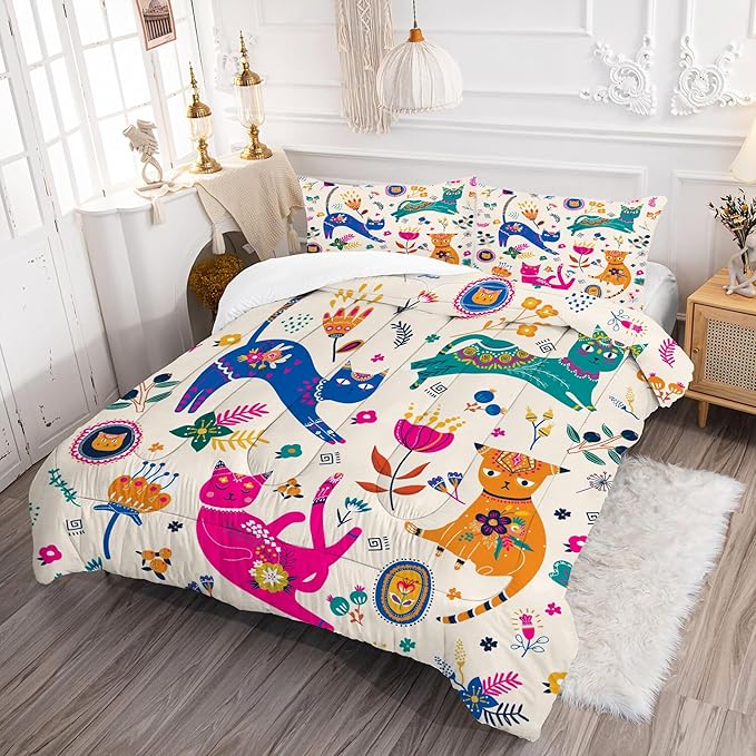 Cat Comforter Set Full : Cute Floral Cats Full Size Bedding Sets for Girls Kids Teens Children Cartoon Flowers Kawaii Animals Print Quilt Duvet Bed Set with 1 Comforter & 2 Pillowcases
