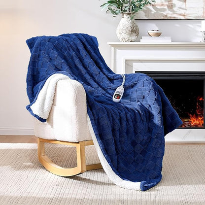 Heated Throw Blanket 50"x60" - 9-Level Fast Heating & 1-10H Timer, Fluffy Plush Blanket with Snap Buttons for Secure Fit, Warm Gift for Women/Men, for Couch, Bed & Office, Pageant Blue