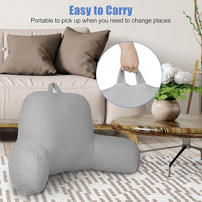 Reading Pillow, Silk Back Support Pillow for Bed Sitting Up, Large Bed Rest Pillow with Arms for Adults,Back Support Pillow for Couch and Chair, Grey