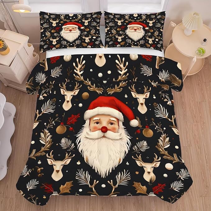 Black Christmas Comforter Set Twin Size Santa Claus Bedding for Kids Girls Women Xmas Reindeer Merry Christmas Bedroom Quilt Bed Sets, 1 Comforter 1 Pillowcase