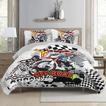 AILONEN 3-Piece Motocross Racing Quilt Set Twin Size Motorcycle Dirt Bike Bedspread Coverlet Soft Microfiber with 2 Pillowcases for Kids Girls Bed Cover