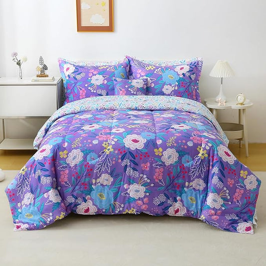 Mooreeke Kids Full Comforter Sets for Girls 8 Pieces Purple Floral Bedding Set for Teens Microfiber Flowers Kids Bed in A Bag with Comforter, Sheet Set, Shams and Decorative Toy Pillow All Season