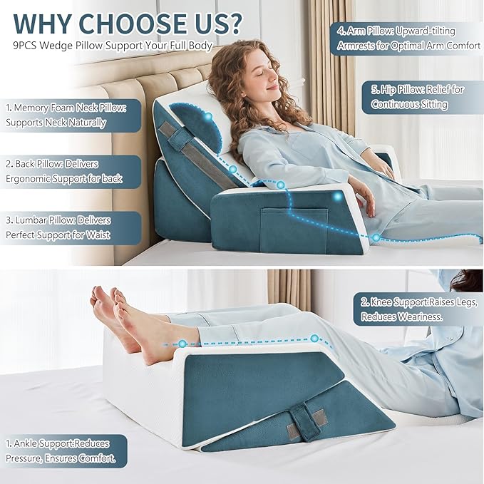 9PCS Wedge Pillow Set for After Surgery Recovery, Adjustable Memory Foam Neck Pillow, Foam Leg Pillow, Relieves Neck, Leg Pain, Sleep Apnea, and Functions as a Reading Pillow Blue