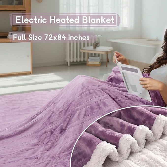 Heated Blanket Electric Blanket Full Size 72''x84'', Soft Flannel Heating Blanket with 1-10 Hour Auto Off - 6 Heat Settings - Machine Washable - Purple