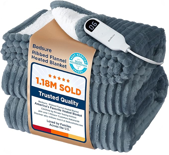 Bedsure GentleSoft Heated Blanket Electric Throw - Soft Ribbed Flannel Electric Blanket, Heating with 4 Time Settings, 6 Heat Levels, 3 hrs Timer Auto Shut Off, Gifts for Grandma (50x60 inches, Grey)