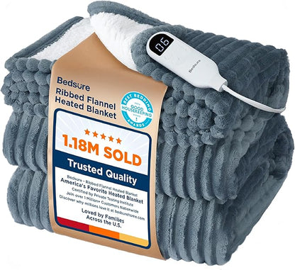 Bedsure Electric Blanket Twin - Soft Ribbed Flannel Heated Blanket, Heating Blanket with 10 Time Settings, 6 Heat Settings, and 8 hrs Timer Auto Shut Off (62x84 inches, Grey)