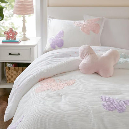 Intelligent Design Kids Rio Twin Comforter Set – Girls’ Reversible Tufted Chenille Bedding with Pastel Purple Butterflies and Pink Dot, 3pcs