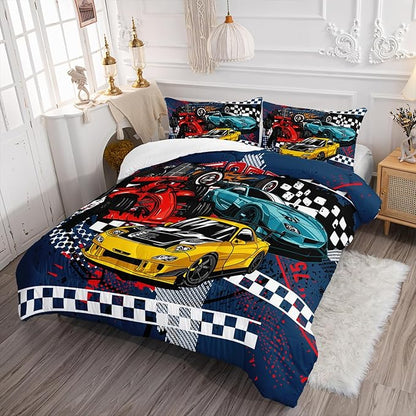 AILONEN Racing Car Comforter Set Full Size, Cool Speed Race Car Bedding Sets for Kids Boys,Automobile Extreme Sport Duvet Set,Checkered Squares Quilt Set,3 Pieces,1 Quilt and 2 Pillowcases,Microfibre