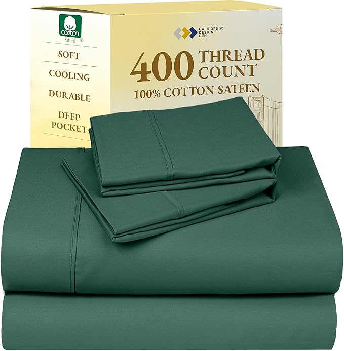California Design Den Natural 100% Cotton Sheets, Soft Queen Sheet Set, 400 Thread Count Sateen, Deep Pockets with All-Around Elastic for a Snug Fit, Durable Bedding Set - Hunter Green