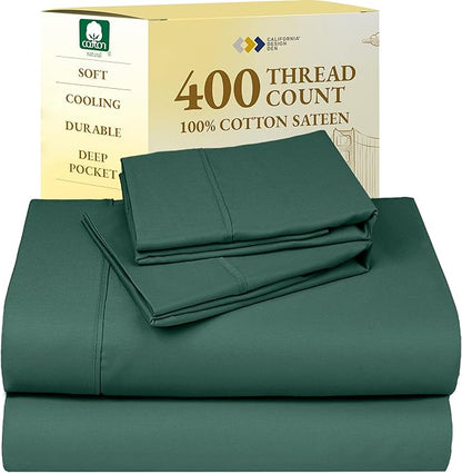 California Design Den Soft 400 Thread Count, Natural 100% Cotton Sheets Sateen, King Bed Sheets Set, Deep Pockets with All Around Elastic for a Snug Fit, Durable Bedding Set - Hunter Green