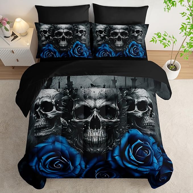 Black Skull Comforter Set 7 Piece King Size Bed in A Bag,Goth Bedding for Room Decor,Soft Western Comforter Boho Hippie Bedding with Fitted Sheet,Flat Sheet, Pillowcases & Shams