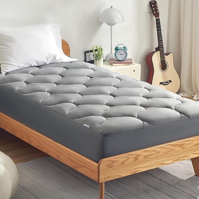 SLEEP ZONE Bedding Quilted Fitted Twin Mattress Pad Cover, Soft Fluffy Pillow Top Bed Mattress Topper Deep Pocket 8-21 inch, Washable (Grey, Twin)
