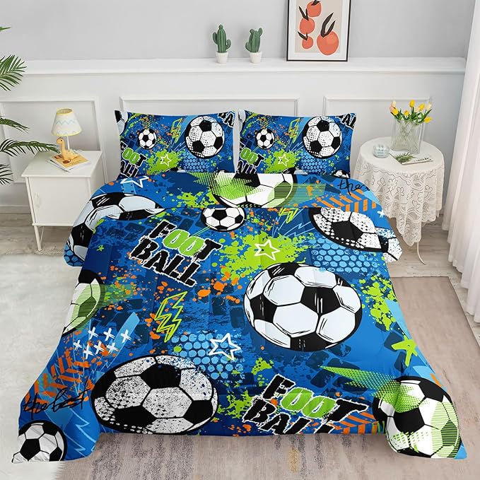 Soccer Comforter Set Sport Themed Blue Printed Bedding Set with 1 Comforter and 2 Pillowcases for Boys and Girls Bedroom All Season(Soccer-2 Full)