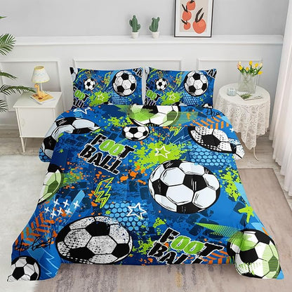 Soccer Comforter Set Sport Themed Blue Printed Bedding Set with 1 Comforter and 2 Pillowcases for Boys and Girls Bedroom All Season(Soccer-2 Full)