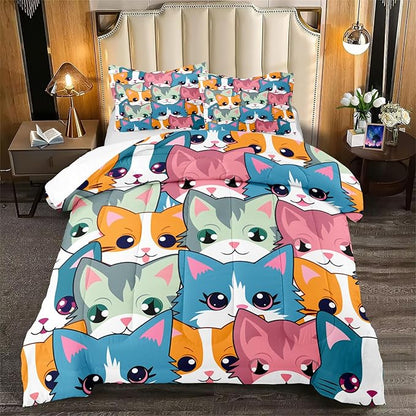Cat Comforter Set for Girls - Balck Neon Cartoon Cats Bedding Set for Girls Bedroom Ultra Soft Cats Queen Size Comforter All-Season with 1 Quilt and 2 Pillowcases Home Room Decor