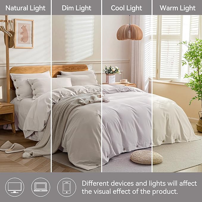 JELLYMONI Cotton Duvet Cover Cal King Size - Beige Comforter Cover with Button 100% Washed Cotton 3PCS Breathable Soft Solid Bedding Set Duvet Cover 104×98in & 2 Pillowcases (NO Comforter)