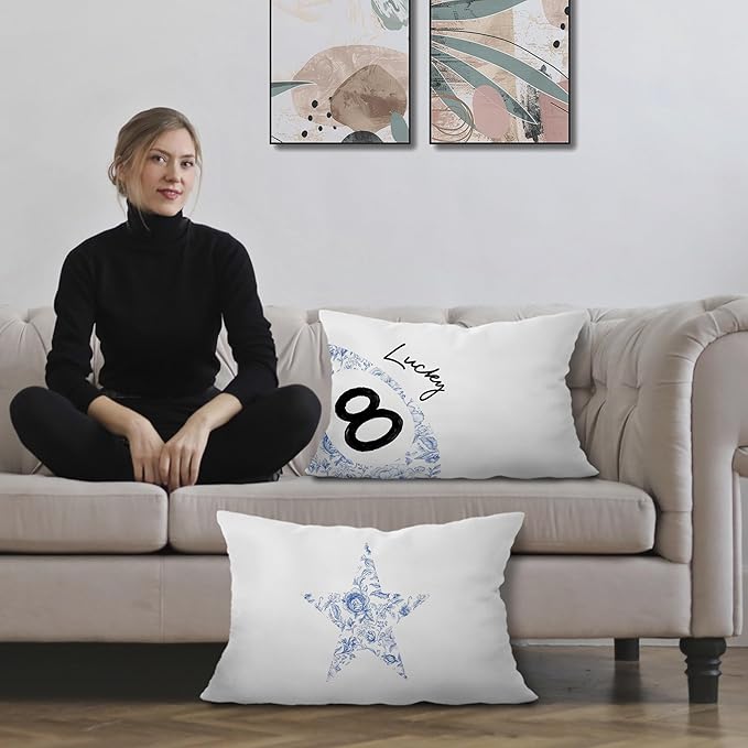 Chinoiserie Trendy Lucky 8 Ball Star Pillow Covers 12x20 Set of 2, Grandmillennial Blue and White Floral Ball Star Decorative Lumbar Pillow Covers for Home Bedroom Living Room