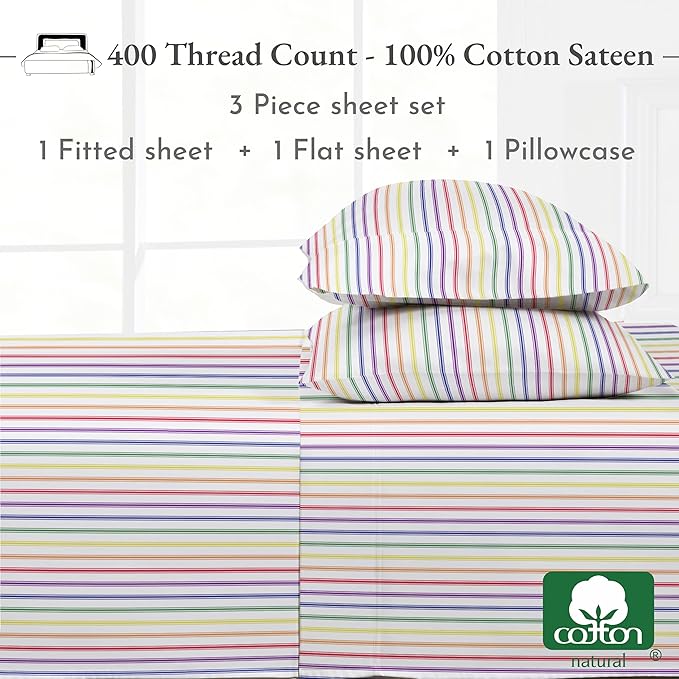 California Design Den Printed Twin XL Sheet Sets - 400 Thread Count Sateen, Natural 100% Cotton Sheets, Deep Pockets, and Durable Bedding Set - Rainbow Striped