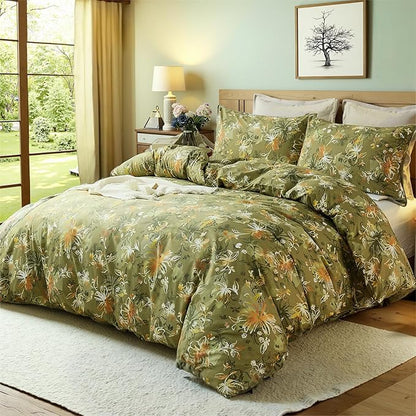 100% Cotton Duvet Cover King Size – Vintage Olive Green Floral Duvet Cover Set with Zipper Closure, 3-Piece Soft Breathable Natural Premium Cotton Bedding Set for All Seasons
