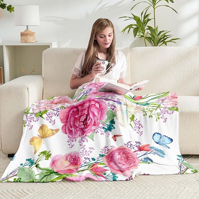 Floral Throw Blanket Birthday for Mom Women Watercolor Flowers Blanket Soft Fuzzy Flannel Bed Blanket Plush Floral Throw for Couch Sofa Bed Chair 50"x60"
