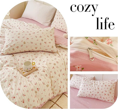 AOJIM Aesthetic Striped Duvet Cover Set with Floral and Rabbit Pattern, 1 Cotton Comforter Cover and 2 Pillowcases, Soft Durable Kids Duvet Cover Twin Size, Pink Bedding for Room Decor, No Comforter