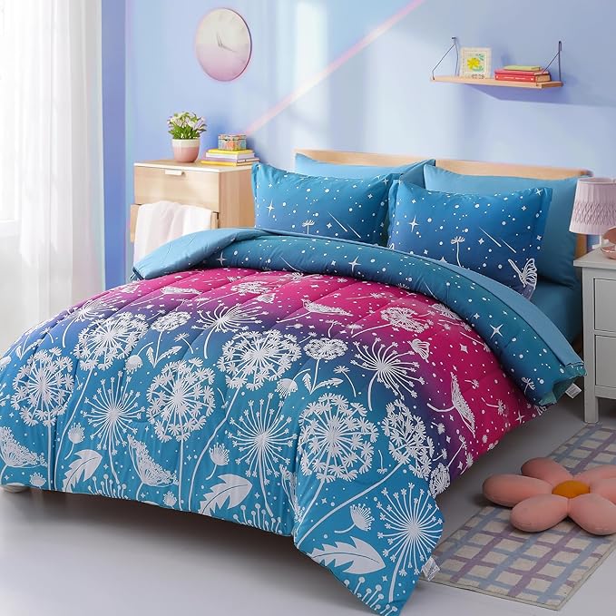 Menghomeus Girls Comforter Set Full Size 7 Pieces Bed in A Bag Ombre Pink Blue Rainbow Bedding Set Dandelion Butterfly Print Kids Bedding Collections