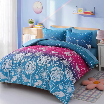 Menghomeus Girls Comforter Set Twin Size 5 Pieces Bed in A Bag Ombre Pink Blue Rainbow Bedding Set Dandelion Butterfly Print Kids Bedding Collections