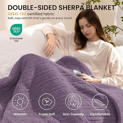Heated Blanket Electric Blanket Throw - Fast Heating Blanket Throw Double Sided Sherpa Ultra Soft Cozy with 10 Heating Levels & 2-10 Hours Auto Off, Mashine Washable, 50 x 60 Inches, Purple