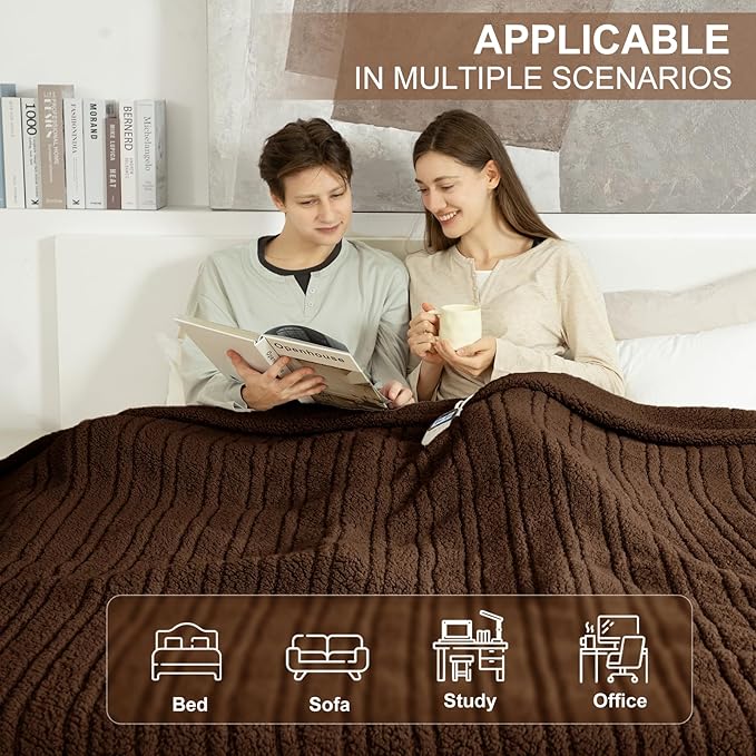 Heated Blanket Queen Size Single Control - 84"X90" Soft Double Sided Sherpa Electric Blanket with 6 Fast Heating Levels & 10 hrs Timer Settings, Washable & ETL Certified for Bed, Brown