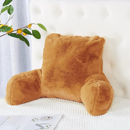 Plush Faux Fur Backrest Reading Bed Rest Pillow with Arms and Pockets for Sitting in Bed Couch Sofa, Back Support Wedge Cushion with Removable Cover, 20" x 18" x 17", Burnt Orange