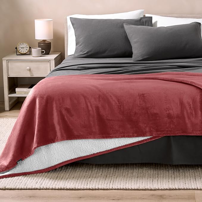 Bare Home Sherpa Fleece Blanket - Full/Queen Size - Blanket for Bed, Sofa, and Couch - Warm & Lightweight - Fluffy & Soft - Reversible (Full/Queen, Rosewood)