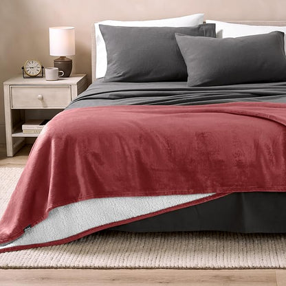 Bare Home Sherpa Fleece Blanket - Full/Queen Size - Blanket for Bed, Sofa, and Couch - Warm & Lightweight - Fluffy & Soft - Reversible (Full/Queen, Rosewood)