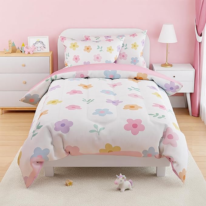 SANDJEST Floral Comforter Set Twin Size 68x86in for Kids Girls, Microfiber 3 Pcs Bedding Set Includes 1 Comforter, 1 Pillowcase, 1 Fitted Sheet, Nursery Room Decor