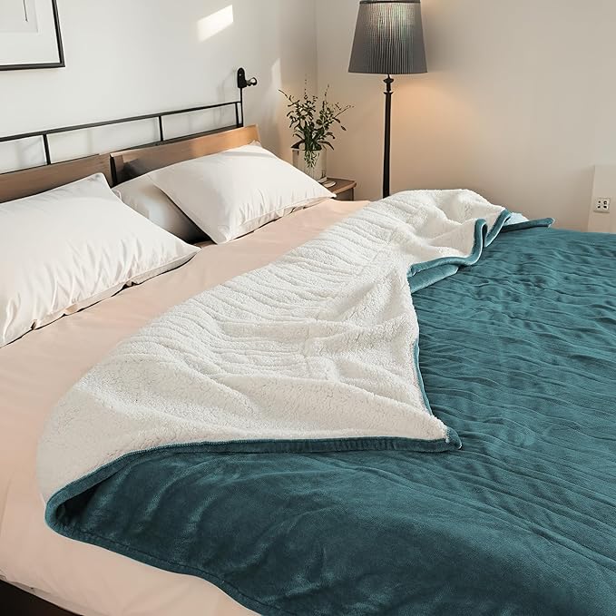 Electric Heated Blanket Queen Size 84"x90" - Dual-Sided with Microplush & Sherpa Fabric, 4 Heat Settings & 10 Hours Auto Off, Dual Controller, Machine Washable - Teal